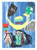 Screenprint of a cairn of abstract shapes: striped, spotted and brushy forms in black, green, red and yellow on blue