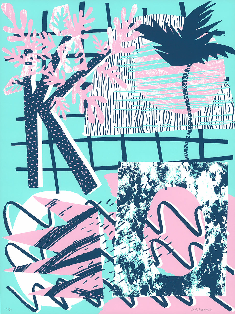 Screenprint of palm leaves, a grid, squiggles and textured blocks in navy, pink and white on bright aqua
