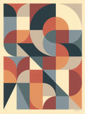 Screenprint of a grid of circles, arcs and triangles in navy, rust, orange, gray and cream forming hidden letters