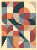 Screenprint of a grid of circles, arcs and triangles in navy, rust, orange, gray and cream forming hidden letters