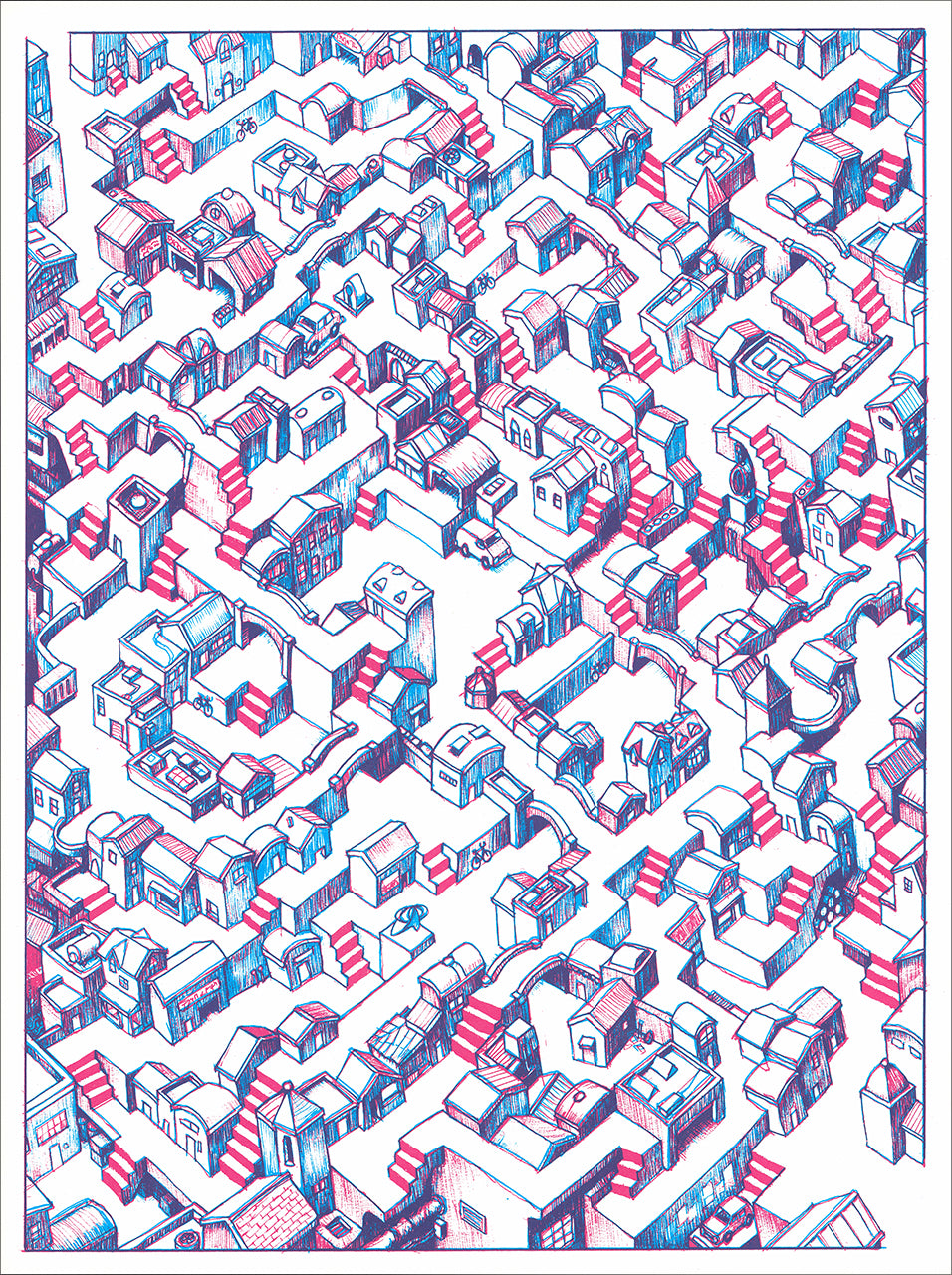 Red and blue ballpoint-style screenprint of an isometric maze of small buildings, staircases and walkways