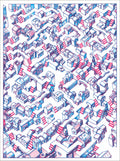 Red and blue ballpoint-style screenprint of an isometric maze of small buildings, staircases and walkways
