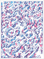 Red and blue ballpoint-style screenprint of an isometric maze of small buildings, staircases and walkways