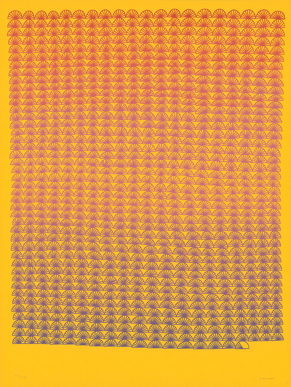 Screenprint of rows of one small fan shape repeated in fine red-violet lines on golden yellow