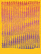 Screenprint of rows of one small fan shape repeated in fine red-violet lines on golden yellow