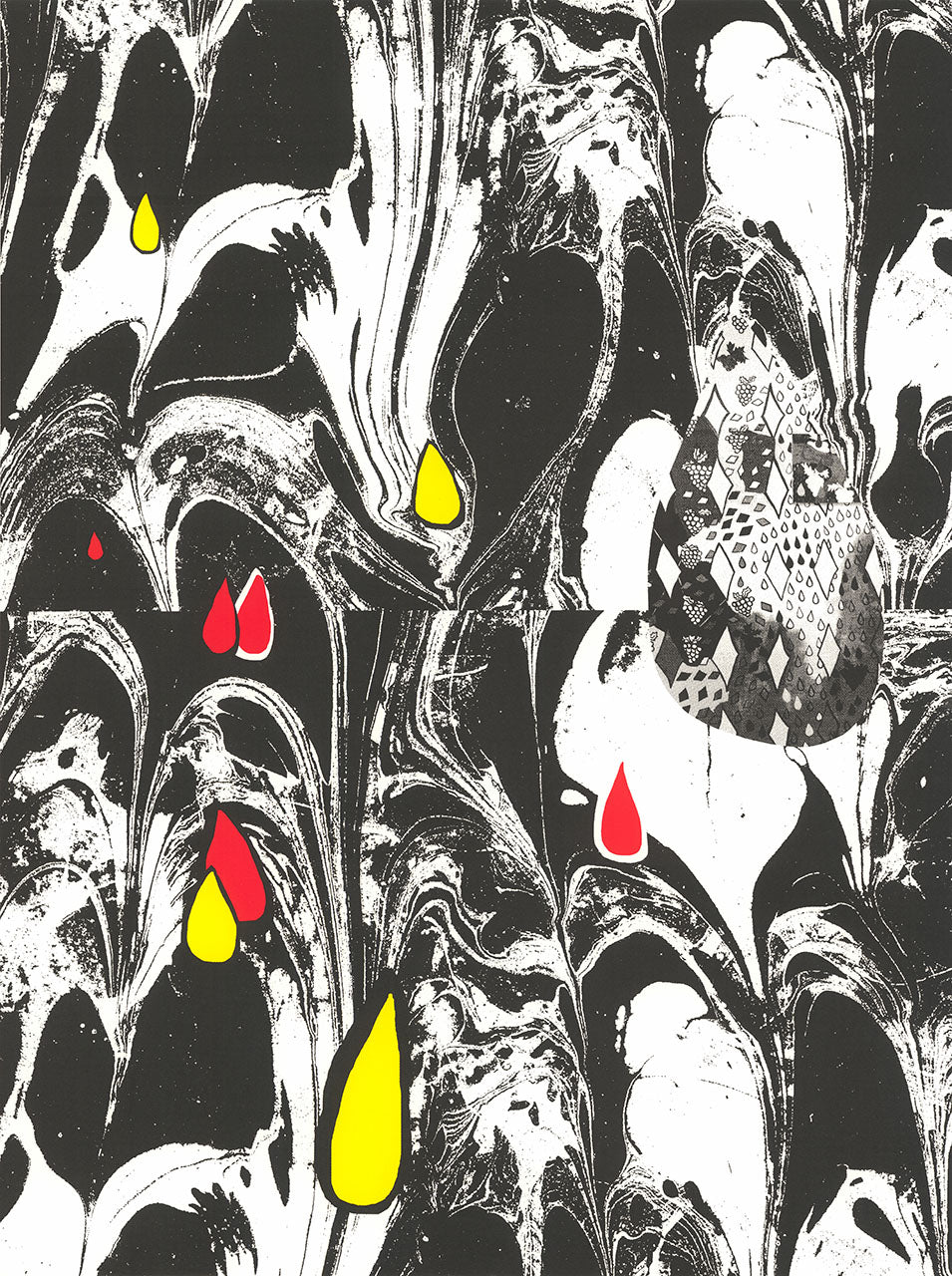 Black and white marbled-pattern screenprint with red and yellow raindrop shapes scattered across it
