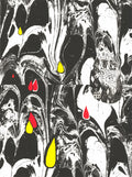 Black and white marbled-pattern screenprint with red and yellow raindrop shapes scattered across it