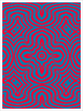 Screenprint of a symmetrical psychedelic pattern of wavy red and teal bands
