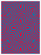 Screenprint of a symmetrical psychedelic pattern of wavy red and teal bands