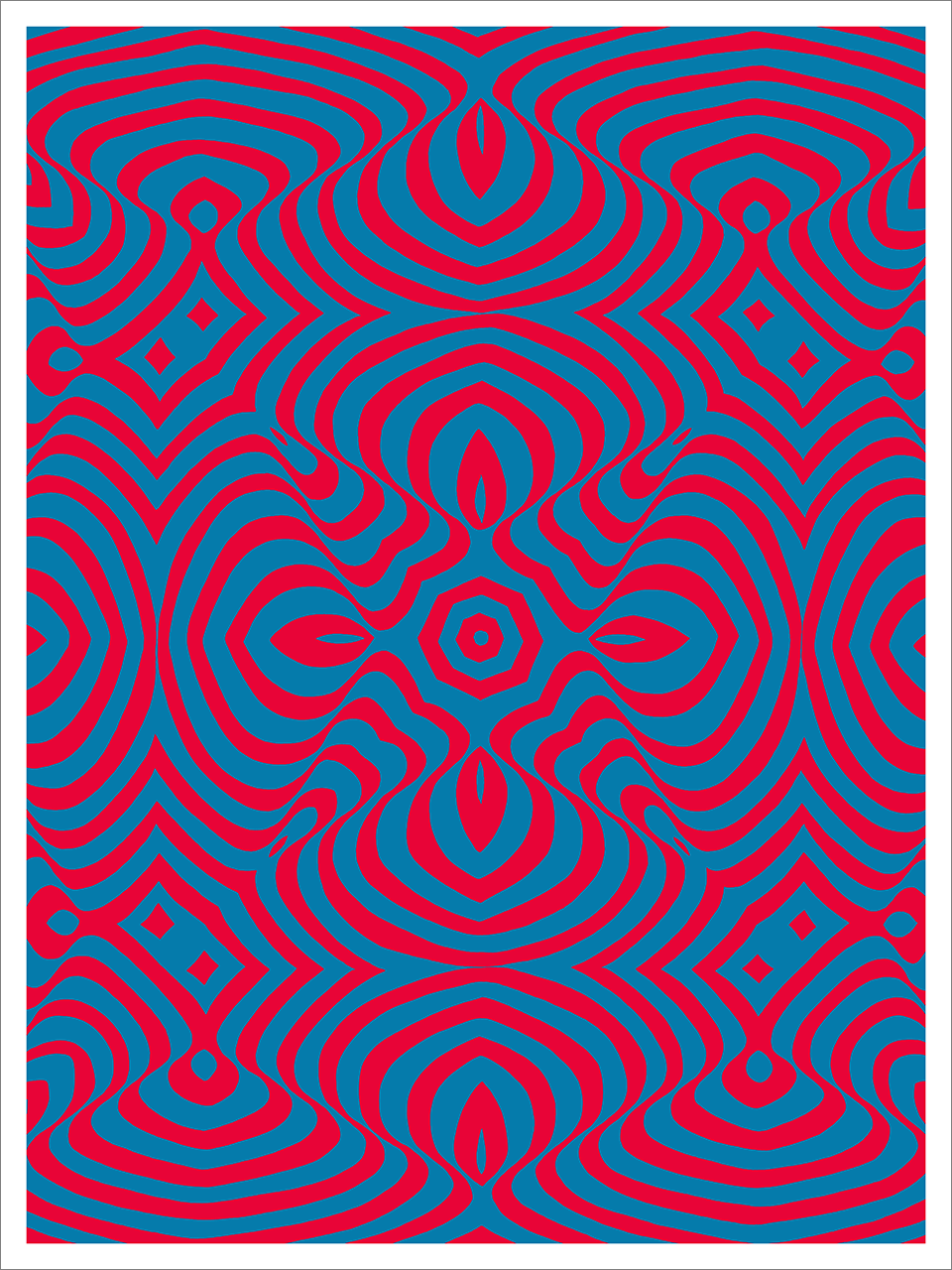 Screenprint of a symmetrical psychedelic pattern of wavy red and teal bands
