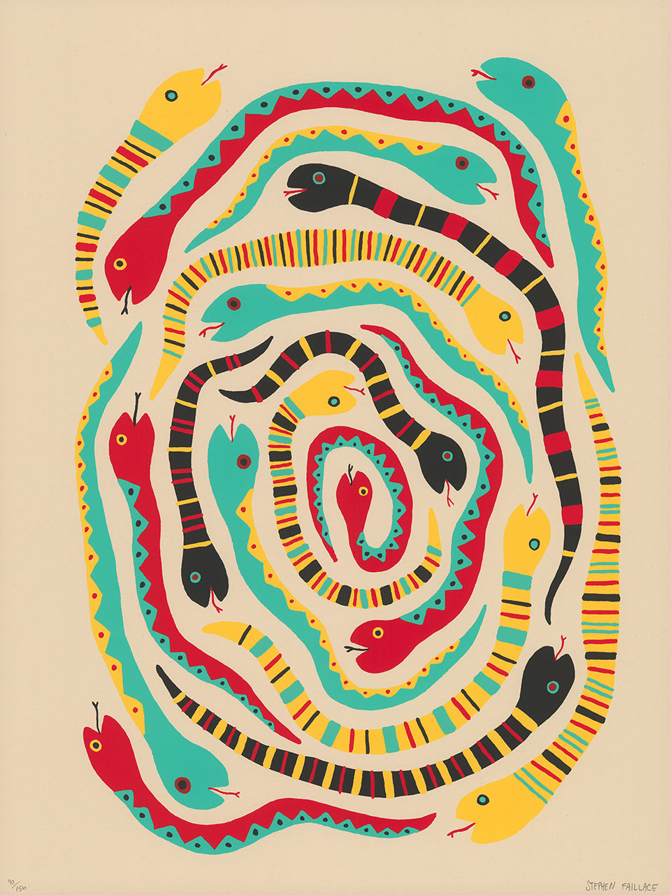 Screenprint of a spiral of patterned snakes in red, yellow, teal and black on a tan ground