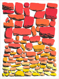 Screenprint of stacked stones shading from red at the top through orange to yellow at the bottom
