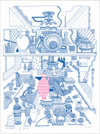 Blue line screenprint of museum vitrine shelves crowded with vases and vessels, one vase printed in pink