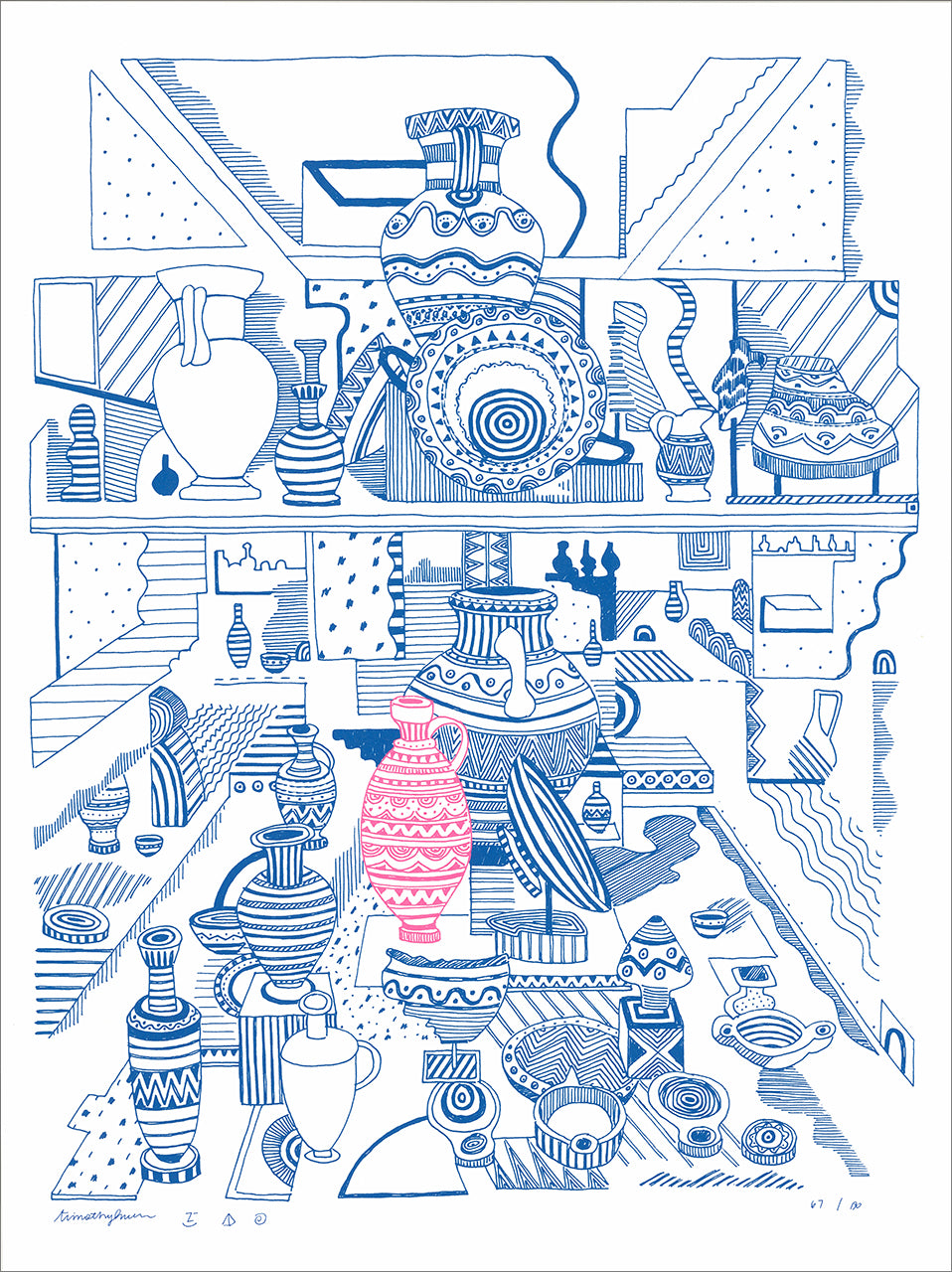 Blue line screenprint of museum vitrine shelves crowded with vases and vessels, one vase printed in pink