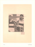 Peach and gray screenprint of a halftone photo of two women in striped swimsuits, their eyes crossed by a pale beam
