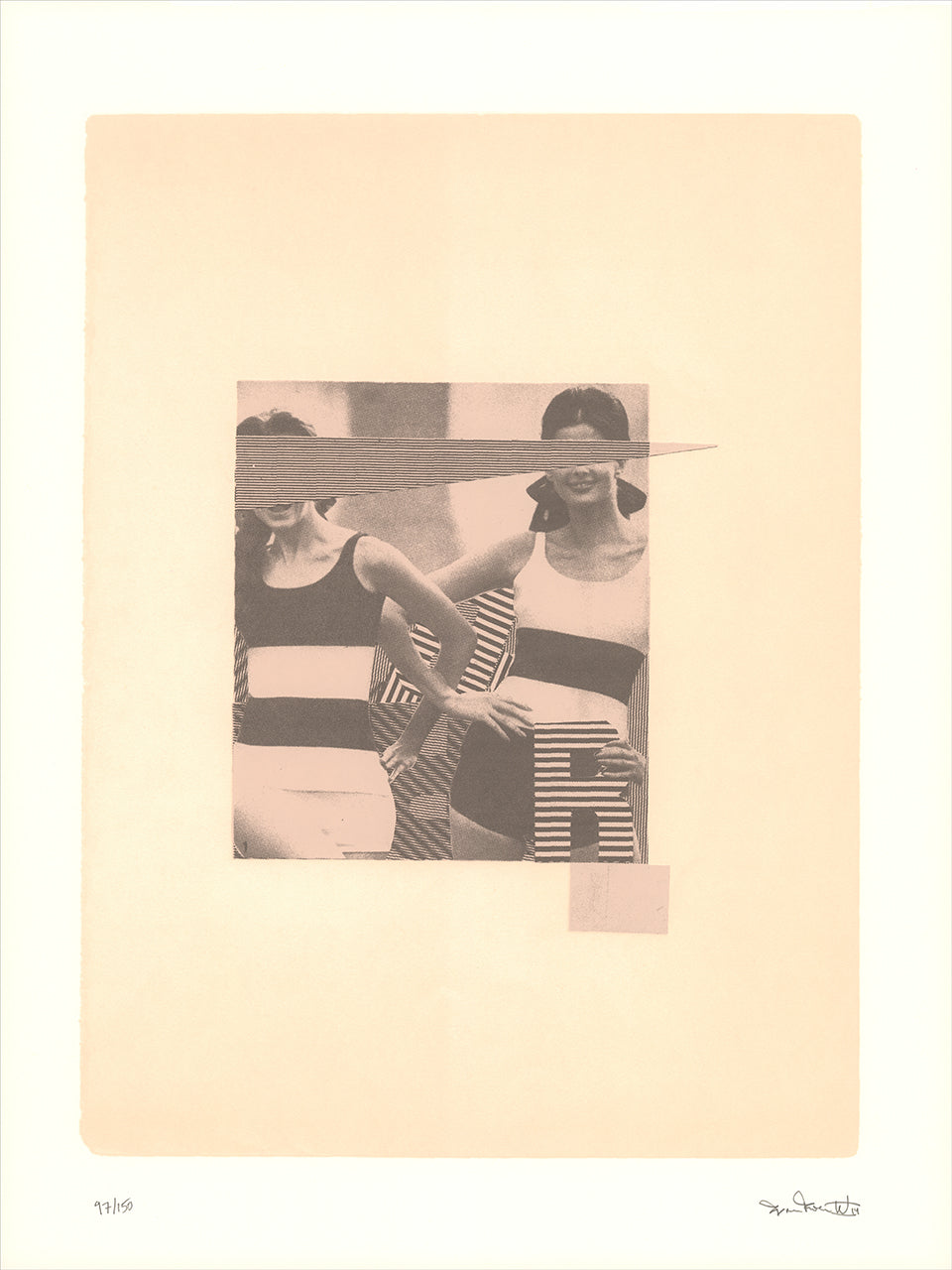 Peach and gray screenprint of a halftone photo of two women in striped swimsuits, their eyes crossed by a pale beam