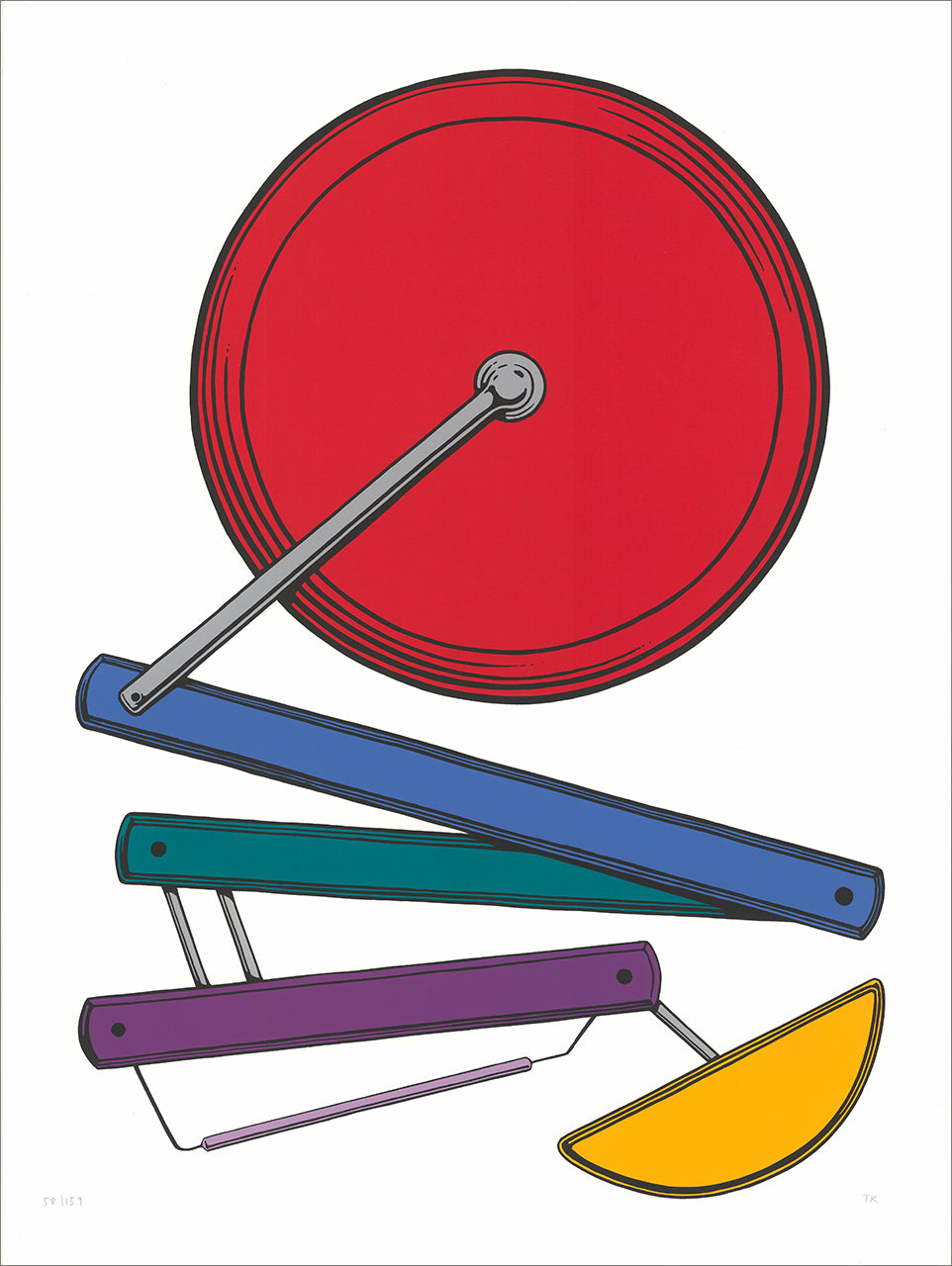 Screenprint of an imaginary machine: a red disc linked by rods to blue, teal and violet bars and a yellow half-circle