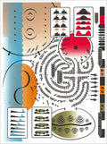Screenprint of a game-board-like map with a black maze, pictogram panels, and pale blue, tan, orange and red shapes