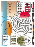 Screenprint of a game-board-like map with a black maze, pictogram panels, and pale blue, tan, orange and red shapes