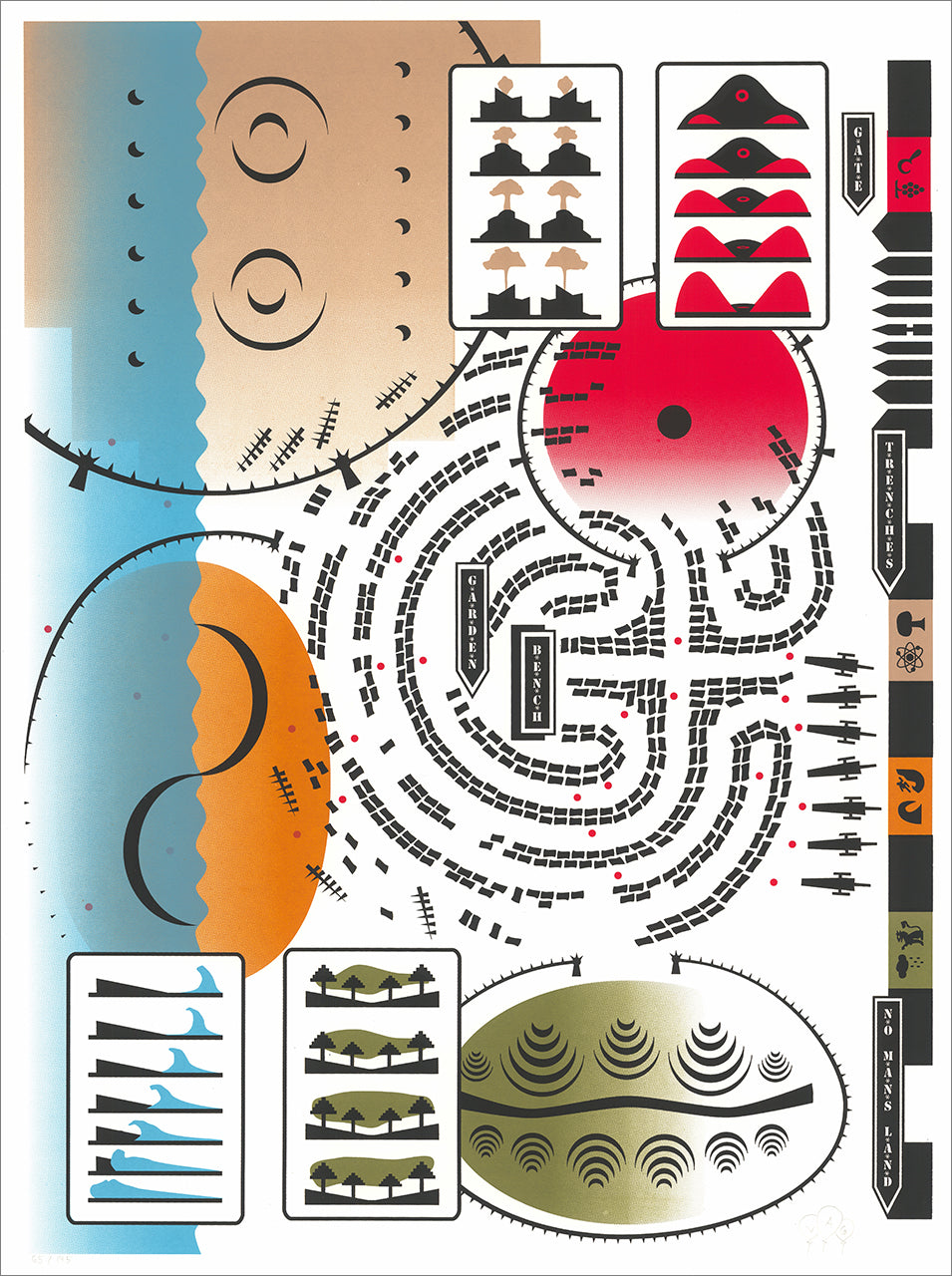 Screenprint of a game-board-like map with a black maze, pictogram panels, and pale blue, tan, orange and red shapes