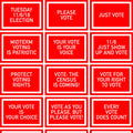 A set of red postcards with various texts encouraging voting and supporting Democratic candidates.