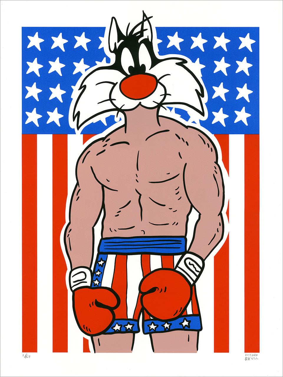 Screenprint of a cartoon cat's head on a muscular boxer's body in red gloves and stars-and-stripes trunks before a US flag
