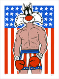 Screenprint of a cartoon cat's head on a muscular boxer's body in red gloves and stars-and-stripes trunks before a US flag