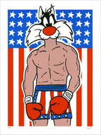 Screenprint of a cartoon cat's head on a muscular boxer's body in red gloves and stars-and-stripes trunks before a US flag