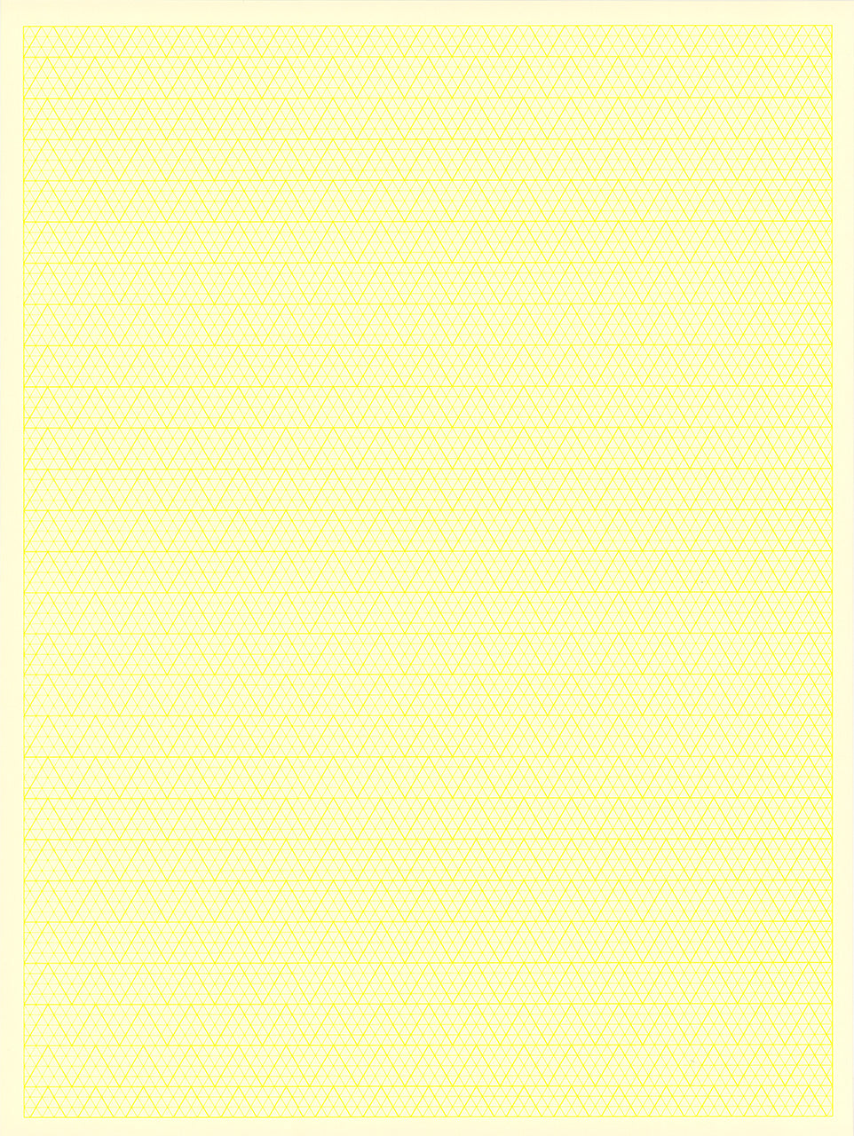 Screenprint of a yellow triangular grid with zigzag lines on cream paper