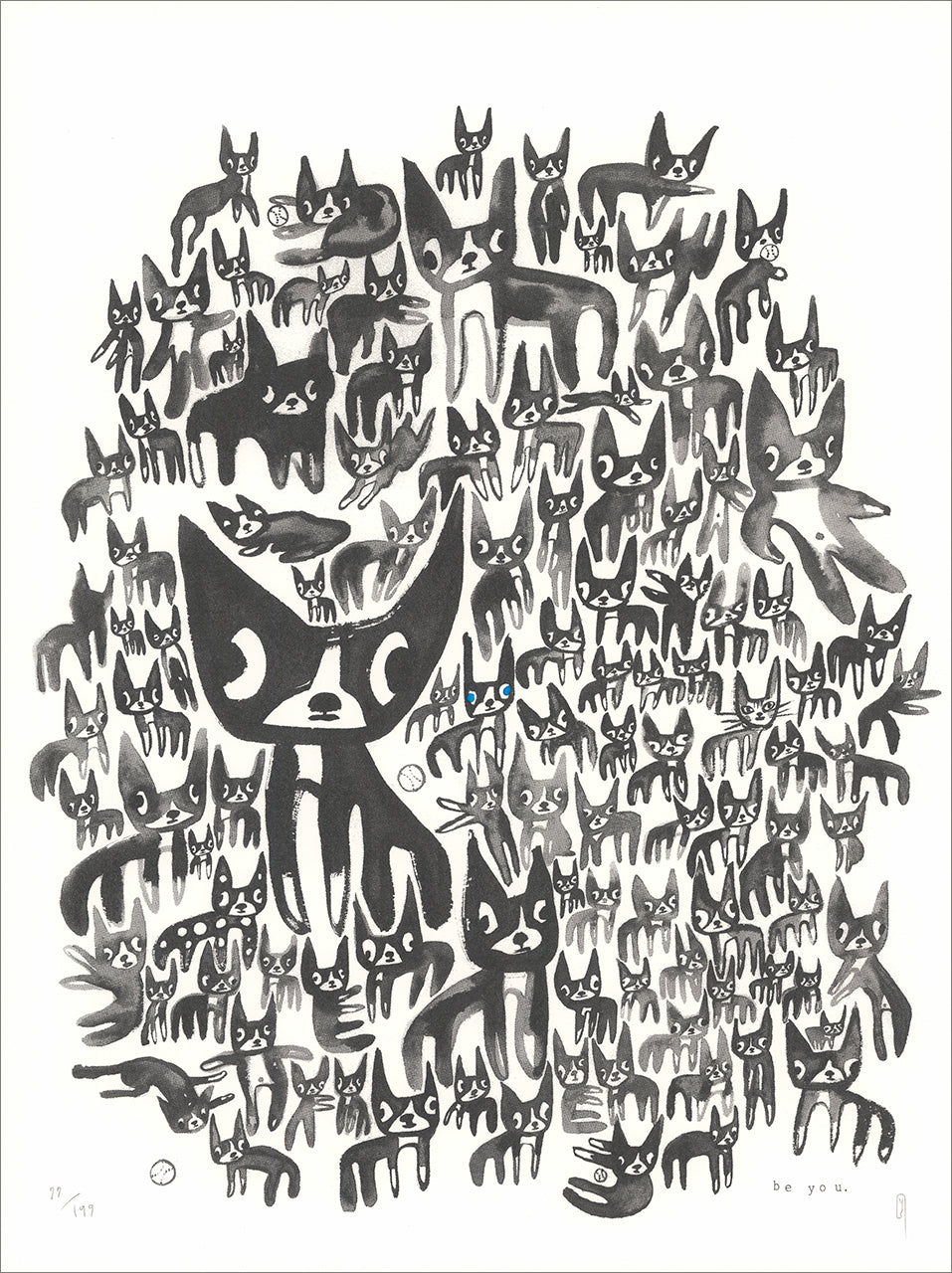 Black ink screenprint of a crowd of small black dogs around one large dog with blue eyes, on white