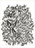 Black ink screenprint of a crowd of small black dogs around one large dog with blue eyes, on white