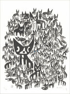 Black ink screenprint of a crowd of small black dogs around one large dog with blue eyes, on white