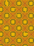 Yellow screenprint of a repeating pattern of red and black arrows forming square fortress shapes