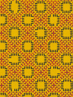 Yellow screenprint of a repeating pattern of red and black arrows forming square fortress shapes