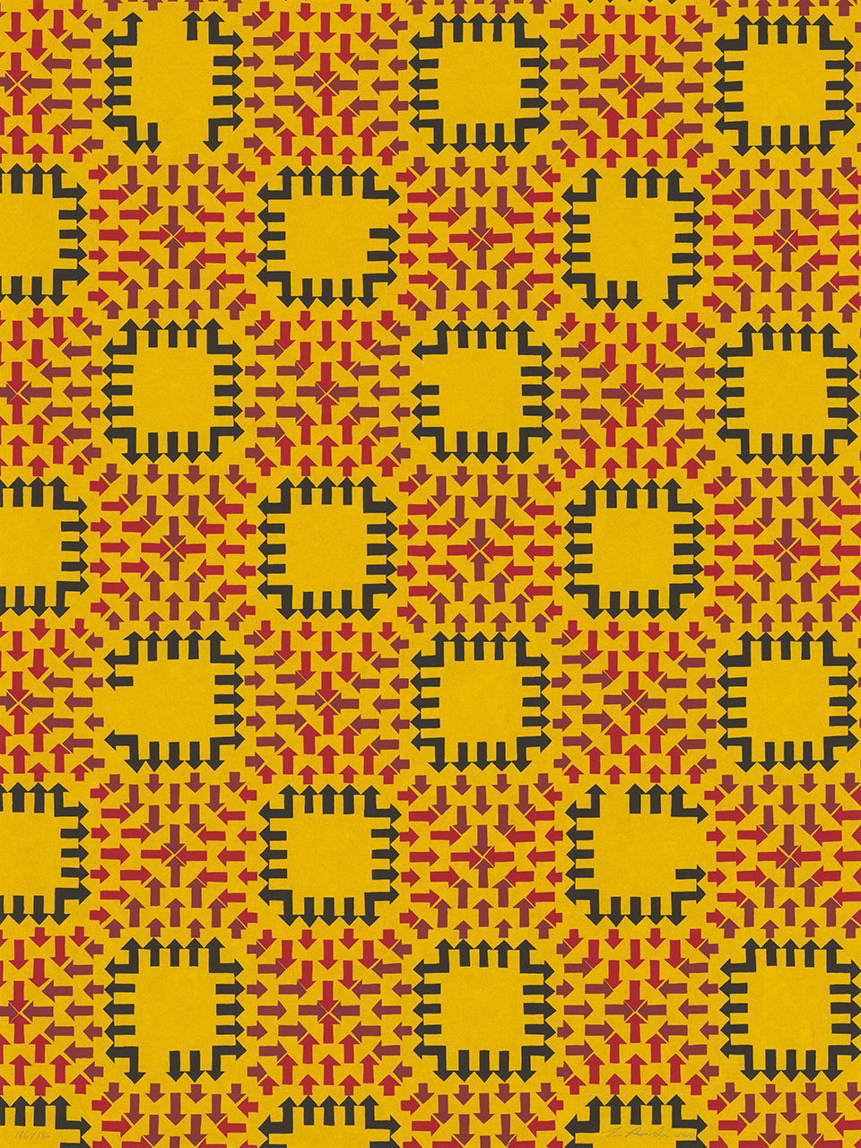 Yellow screenprint of a repeating pattern of red and black arrows forming square fortress shapes
